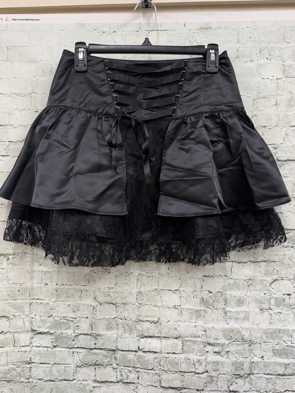 Black Satin Lace-Trim Tiered Mini Skirt - NWT